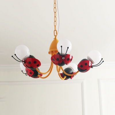 Kids Ladybug Pendant Light Metal 5 Lights Yellow Chandelier for Kindergarten Child Bedroom