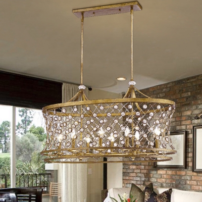 Luxurious Candle Pendant Light with Drum Shade & Crystal Wrought Iron 6/8 Lights Antique Style Chandelier in Champagne