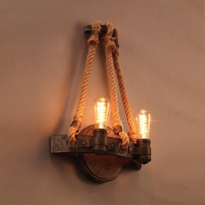 Metal Bare Bulb Sconce Light Living Room 2 Lights Antique Style LED Wall Light with Rope in Rust