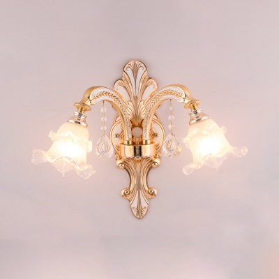 Metal Engraved Arm Wall Light with Crystal 2 Heads Luxurious Sconce Light in Gold for Bedroom