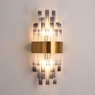 Modern Style Tube Wall Sconce Smoke Crystal Metal Two Lights Wall Lamp in Gold Finish for Dining Room