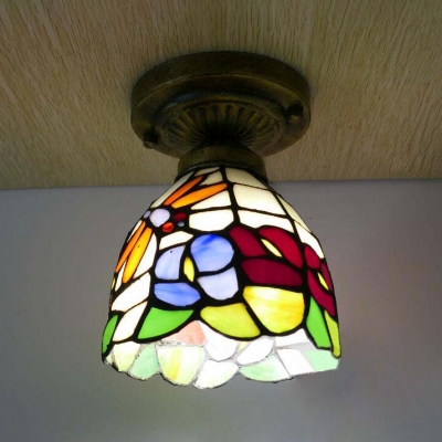 Multi-Color Floral Ceiling Light 1 Bulb Tiffany Rustic Glass Flush Mount Light for Kitchen