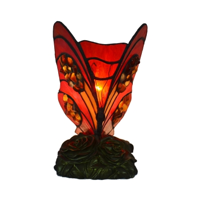 Restaurant Bedroom Butterfly Table Light with Rose Stained Glass 1 Light Tiffany Stylish Red Night Light