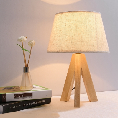 Tapered Shade Standing Table Light Asian Style Fabric 1 Light Desk Lamp with Wooden Tripod Base