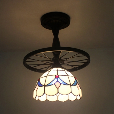 Wheel & Dome Semi Flush Mount Light 1 Bulb Traditional Beige/Blue/Clear/Yellow Glass Ceiling Fixture for Kitchen