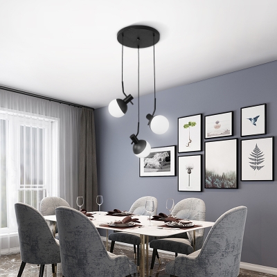 White Glass Tilt Globe Shade Hanging Lamp Modern Simple 3-Light Suspension in Black