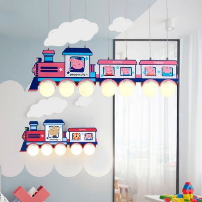 Wood Train Shape Pendant Light with Peggy for Kindergarten 3/5/7 Lights Cartoon Hanging Light
