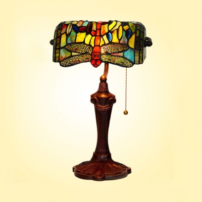Stained Glass Dragonfly Table Light with Pull Chain Office 1 Head Antique Tiffany Bank Lamp