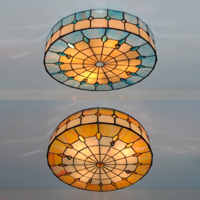 Stained Glass Round Ceiling Light 3 Lights Antique Style Flush Mount Light in Blue/Yellow for Bedroom