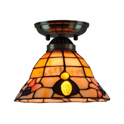 Corridor Bell Ceiling Mount Light with Flower/Grid Stained Glass One Light Antique Ceiling Lamp