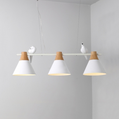 Cone Dining Table Island Light with Pigeon Wood 3 Heads Simple Style Island Pendant in White