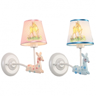 1 Bulb Sitting Deer Wall Lamp Lovely Resin Sconce Light with Dot Shade in Blue/Pink for Game Room