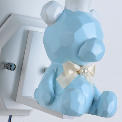 Resin Bow Bear Wall Lamp with Fabric Shade 1 Light Cute Wall Light in Blue/Pink for Kindergarten