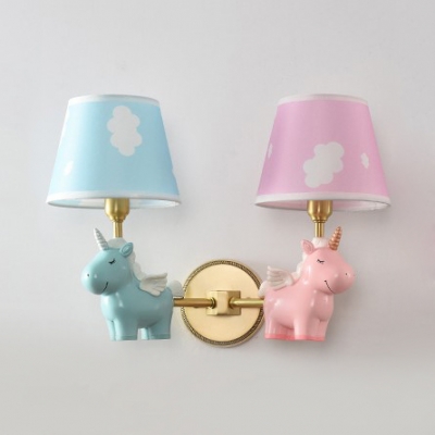 Cute Unicorn Shaped Wall Lamp 2 Heads Fabric Resin Sconce Light in Blue&Pink for Kindergarten