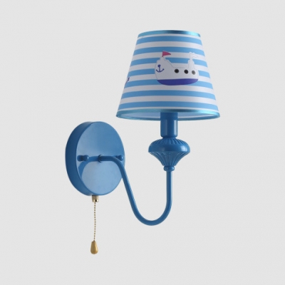 Nautical Style Ship Wall Lamp with Stripe Shade & Pull Chain Fabric Metal 1 Head Blue Wall Light for Child Bedroom