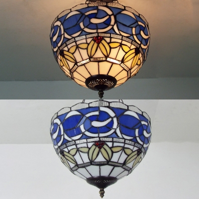Antique Tiffany Bowl Inverted Ceiling Light Stained Glass Semi Flush Mount Light for Restaurant Villa