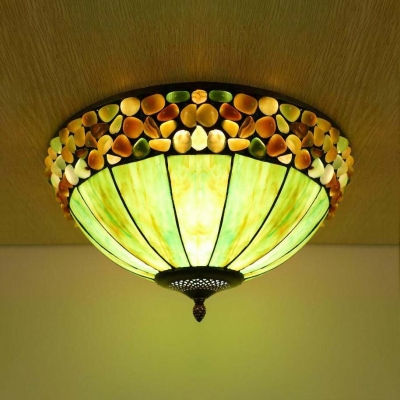 Art Glass Umbrella Ceiling Mount Light with Stone Tiffany Vintage Flush Light in Green/White for Corridor