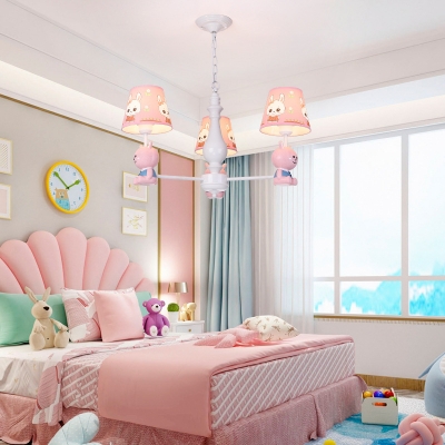 Cartoon Bunny Suspension Light Resin 3/5/6 Lights Pink Chandelier with Fabric Shade for Girls Bedroom