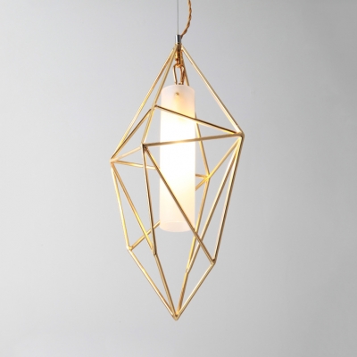 Elegant Tube Suspension Light with Diamond Cage 1 Light Opal Glass Pendant Light in Gold for Bedroom