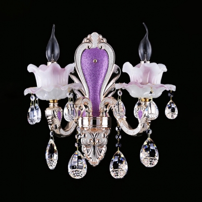 European Style Candle Wall Light with Teardrop Crystal Glass 1/2 Lights Purple Wall Lamp for Restaurant