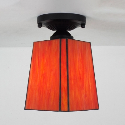 Glass Trapezoid Ceiling Lamp 1 Bulb American Rustic Flush Ceiling Light in Beige/Orange/White for Study Room