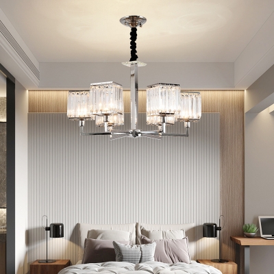 Glittering Crystal Cube Chandelier 6/8 Bulbs Postmodern Hanging Light in Chrome for Living Room