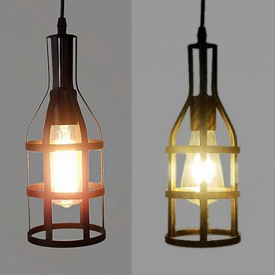 Metal Bottle Cage Ceiling Pendant Balcony Hallway One Light Industrial Hanging Light in Aged Brass/Black