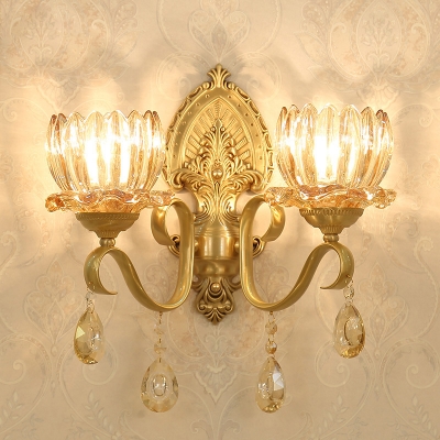 Lotus Hotel Wall Light with Crystal Metal 1/2 Head Elegant Style Sconce Light in Brass