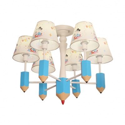 Lovely Pencil Hanging Light with Dog Pattern 6 Heads Fabric Chandelier in Blue for Baby Bedroom