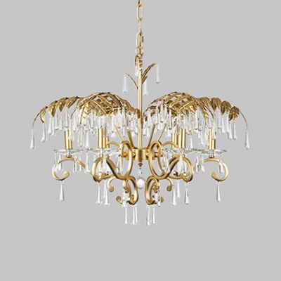 Luxurious Gold Pendant Light with Teardrop Crystal & Leaf Deco Candle 3/6 Heads Metal Chandelier for Cafe