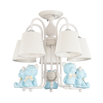 Nordic Blue/Pink Chandelier Toy Bear 5 Lights Metal Hanging Light with Tapered Shade for Kindergarten