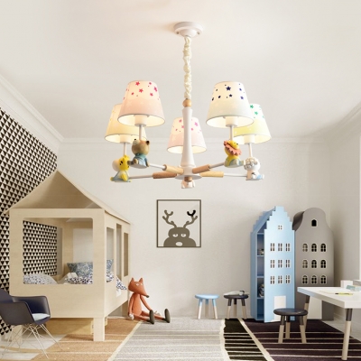 Nordic Style White Hanging Lihgt with Cute Animal 5 Lights Wood Metal Chandelier for Kindergarten