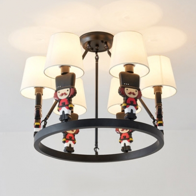 Resin Solider Hanging Light with Plaid/White Shade 6 Lights Chandelier in Black for Child Bedroom