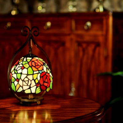 Stained Glass Grape/Rose Table Light Child Bedroom Single Bulb Rustic Tiffany Night Light