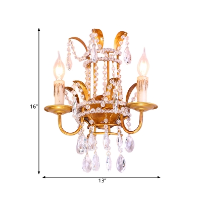 Villa Hotel Candle Wall Light with Crystal Metal 2 Lights Antique Style Sconce Light in Gold