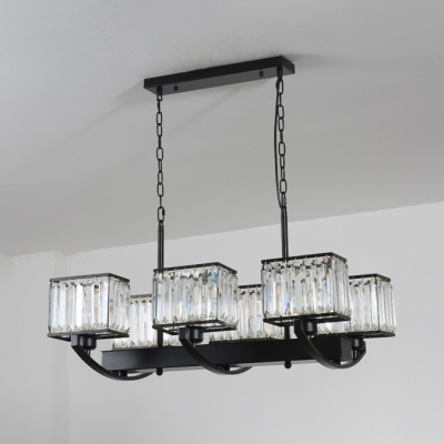 Vintage Style Black Pendant Lamp Rectangle Shade 6/8 Lights Metal Chandelier with Crystal for Villa