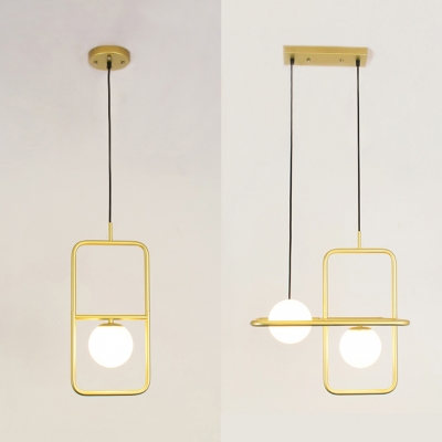 1/2 Head Rectangular Hanging Light Fixture Post Modern White Glass Shade Pendant Lamp in Gold