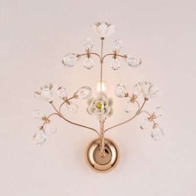 1 Light Twig Wall Light with Crystal & Blossom Luxurious Metal Wall Lamp in Green/Pink/White for Bedroom