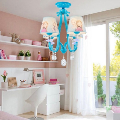 4 Heads Princess Pendant Light with Crystal Cartoon Metal Chandelier in Blue for Child Bedroom