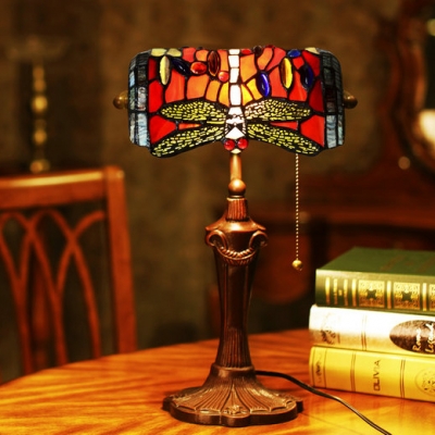 Stained Glass Dragonfly Table Light with Pull Chain Office 1 Head Antique Tiffany Bank Lamp