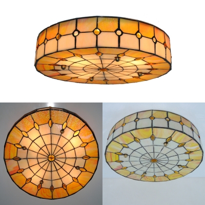 Stained Glass Round Ceiling Light 3 Lights Antique Style Flush Mount Light in Blue/Yellow for Bedroom