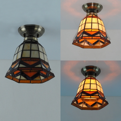 Corridor Bell Ceiling Mount Light with Flower/Grid Stained Glass One Light Antique Ceiling Lamp