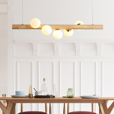 Nordic Linear Island Pendant with Globe Shade 5/7 Lights Wood Glass Island Light in Beige for Kitchen