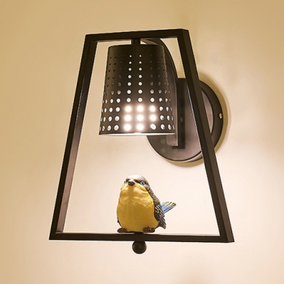 Modern Circle/Trapezoid Wall Light with Hollow Bucket&Bird 1 Light Metal Wall Sconce in Black/White for Balcony