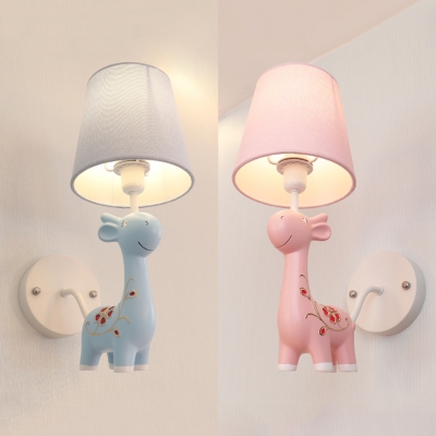 Animal Blue/Pink Wall Sconce Giraffe 1 Bulb Resin Sconce Light with Fabric Shade for Kindergarten