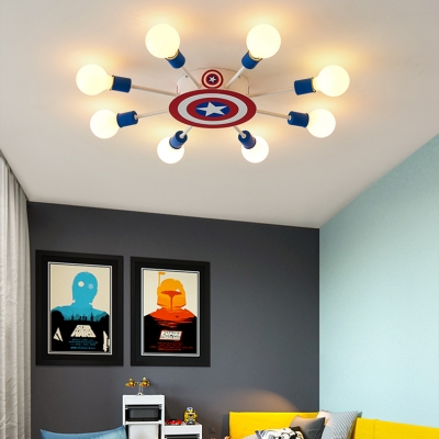 American Style Star Semi Ceiling Mount Light Metal 8 Lights White Ceiling Lamp for Boys Bedroom