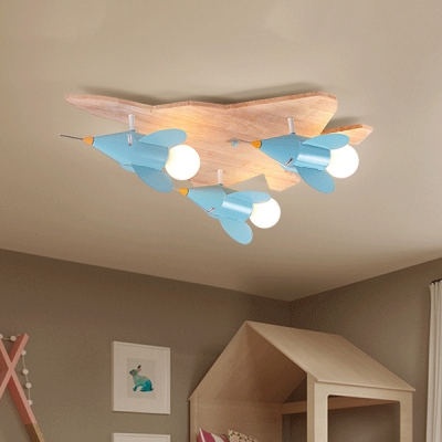 Boys Bedroom Airplane Ceiling Lamp Wood 4 Heads Nordic Style Beige LED Flush Mount Light