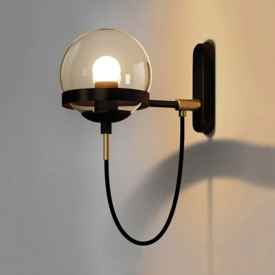 Cognac Glass Globe Wall Light Post Modern 1 Bulb Sconce Lighting in Black/Gold Finish