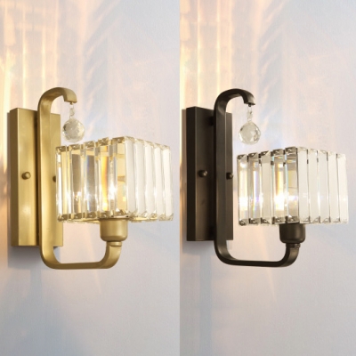 Contemporary Cube Shade Sconce Light with Crystal Metal One Bulb Gold/Matte Black Wall Light for Porch