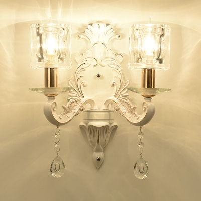 Clear Crystal Cube Wall Light Living Room Bedroom 1/2 Heads Elegant LED Sconce Light in White